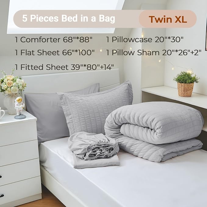 MUXHOMO 5 Pieces Twin XL Comforter Set, Seersucker Bed in a Bag Twin XL Size - Image 4
