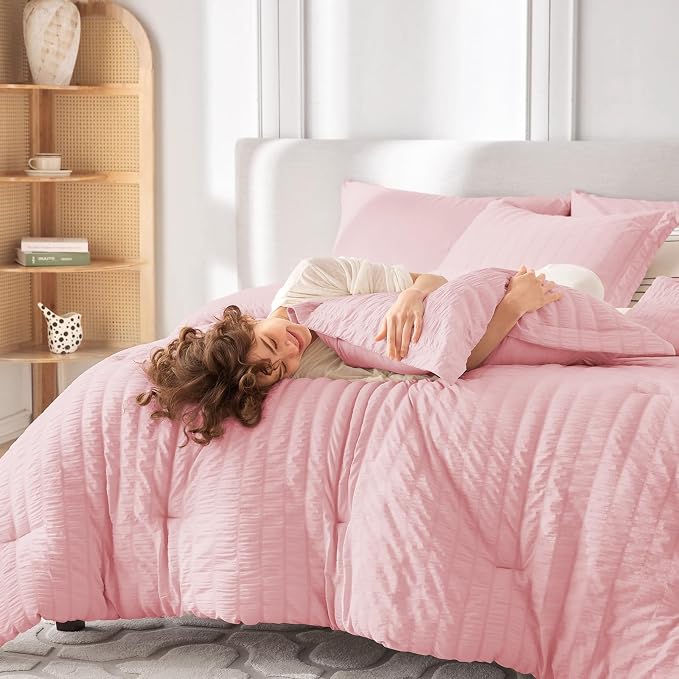 MUXHOMO 7 Pieces California King Comforter Set, Seersucker Bed in a Bag Cal - Image 7