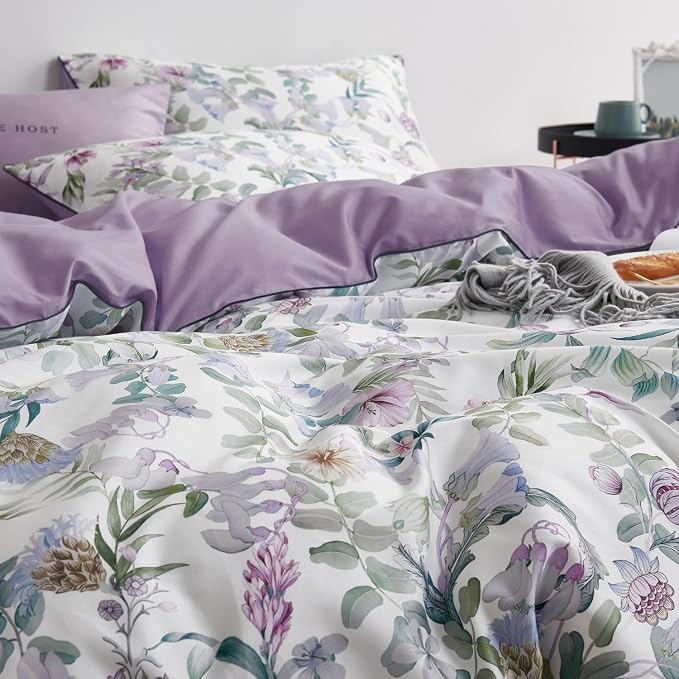 mixinni Garden Style Purple Floral Printed on White Duvet Cover Queen Size - Image 2