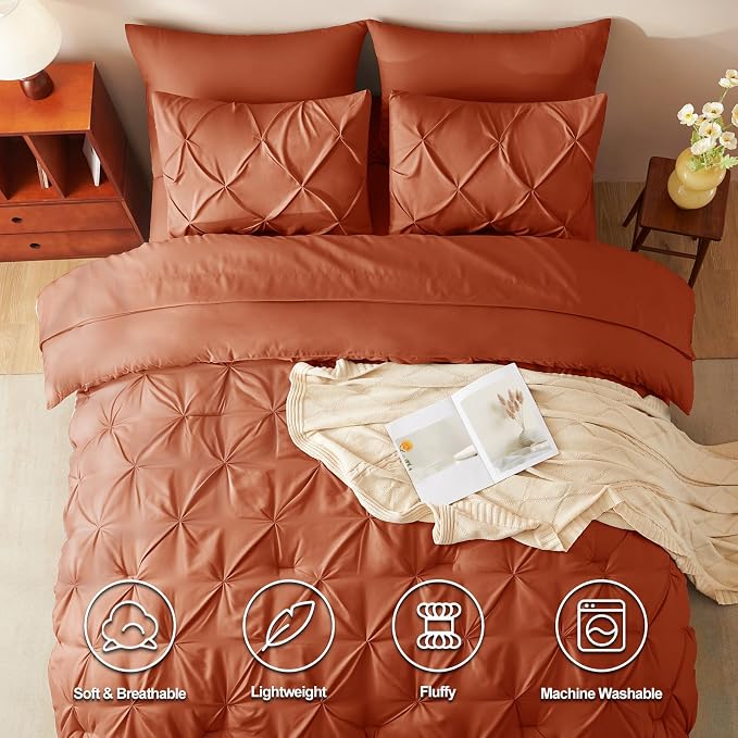 HIMEET Pintuck Bed in a Bag, 7 Pieces Full Size Comforter Set Burnt Orange - Image 2
