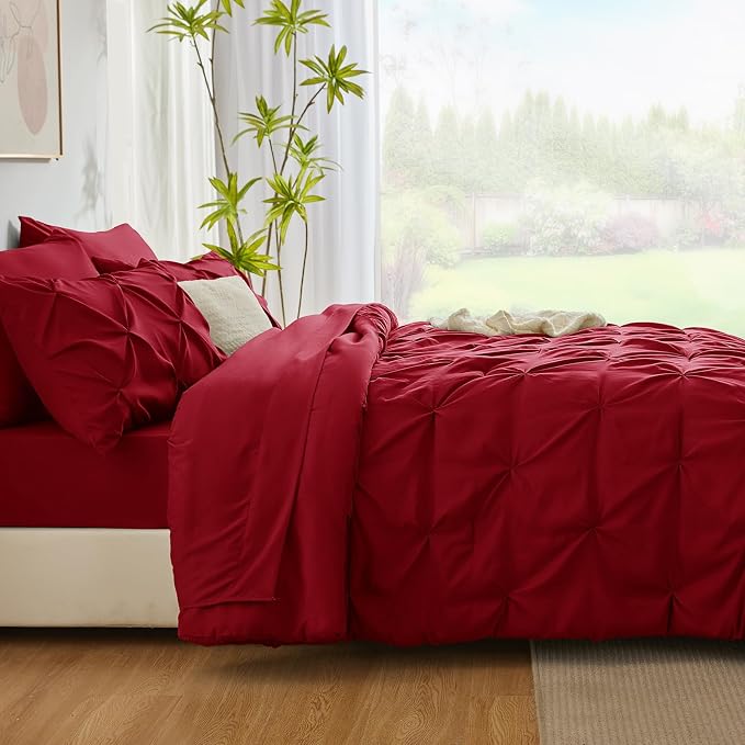 CozyLux Full Size Comforter Sets Dark Red, 7 Pieces Pintuck Bed in A Bag Red - Image 9