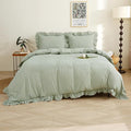 Silnuo Sage Green/White Plaid Ruffle Duvet Cover Queen Size, 100% Washed Cotton by Silnuo