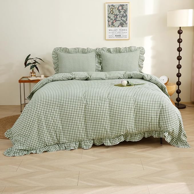 Silnuo Sage Green/White Plaid Ruffle Duvet Cover Queen Size, 100% Washed Cotton by Silnuo