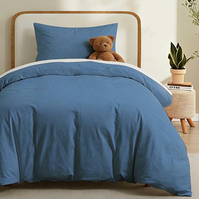LOVQUE 100% Washed Cotton Duvet Cover Twin Size, Denim Blue Fade-Resistant by LOVQUE