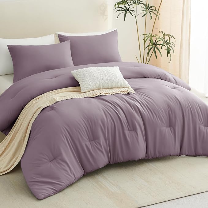 CozyLux California King Comforter Set Dusty Purple, 3 Pieces Cal King Solid - Image 9