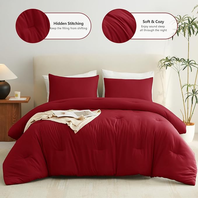 CozyLux California King Comforter Set Dark Red, 3 Pieces Cal King Solid - Image 2