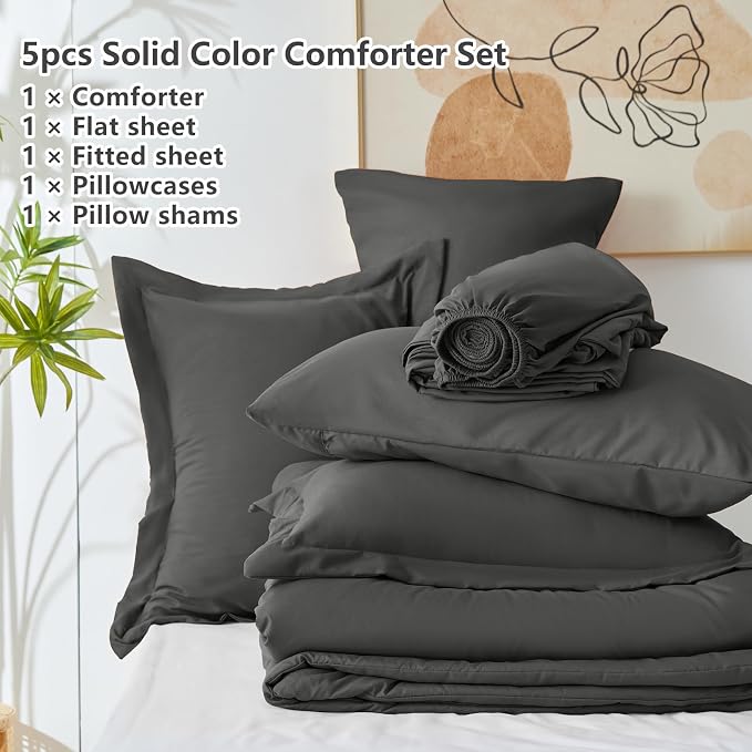 CozyLux Twin Comforter Set Dark Grey, 5 Pieces Bed in a Bag Twin Comforter Set - Image 7