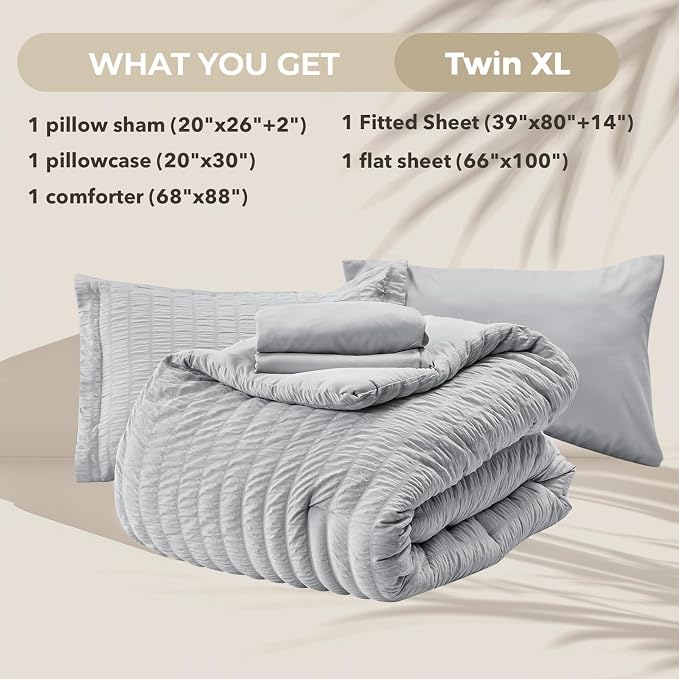 HYMOKEGE Light Grey Twin XL Comforter Set Seersucker 5 Pieces, All Season - Image 5