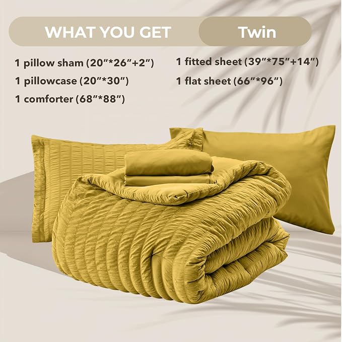 HYMOKEGE Mustard Yellow Twin Comforter Set Seersucker 5 Pieces, All Season - Image 6