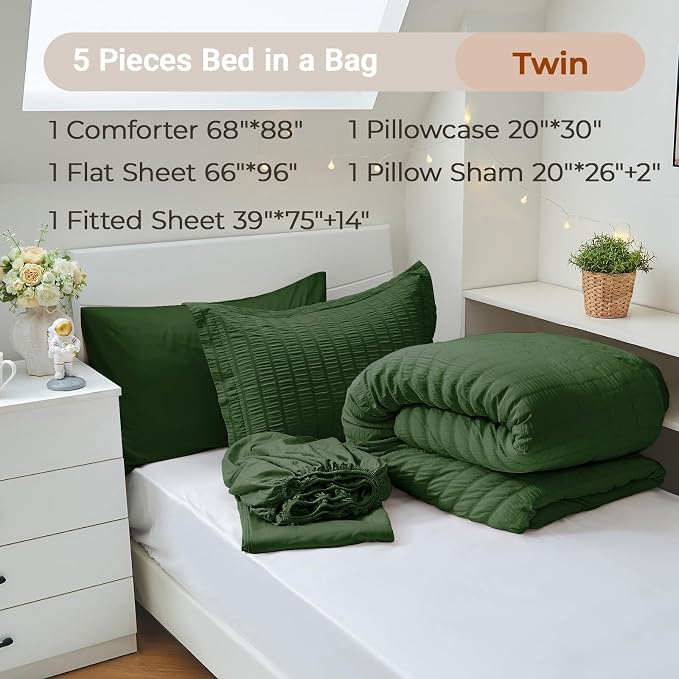 MUXHOMO 5 Pieces Twin Comforter Set, Seersucker Bed in a Bag Twin Size - Image 4