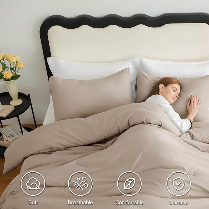 CozyLux Queen Comforter Set Wheat, 3 Pieces Solid Comforters Queen Size - Image 5