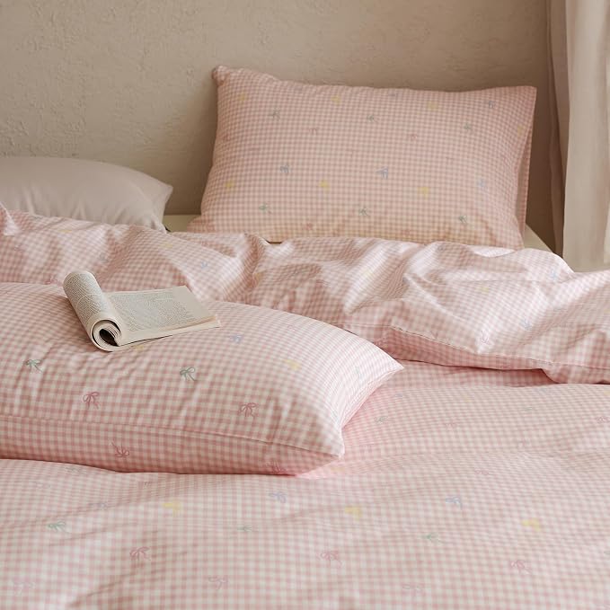 mixinni Gingham Duvet Cover Queen Size, 100% Cotton Light Pink and White - Image 5