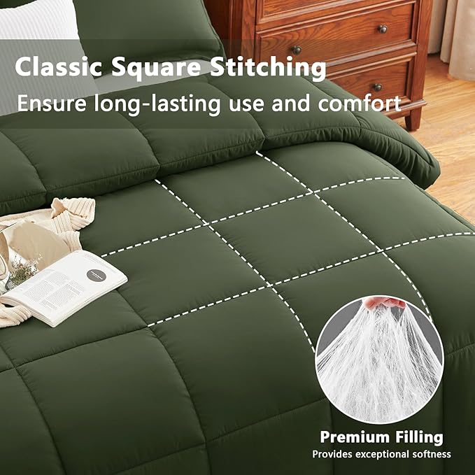 CozyLux Oversized King Comforter Set, 3 Pieces Olive Green 120x98 Box Stitched - Image 2