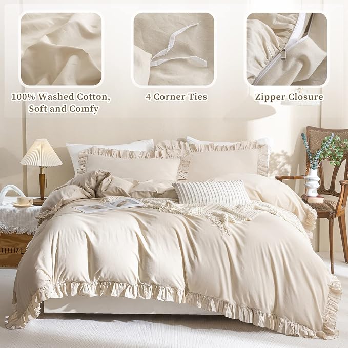 QSH Washed Cotton Queen Duvet Cover Set Ruffle Duvet Cover Linen Textured - Image 3
