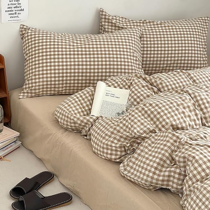 Nayoroom Brown Gingham Duvet Cover Full Size Tan White Plaid Checkered Duvet - Image 6