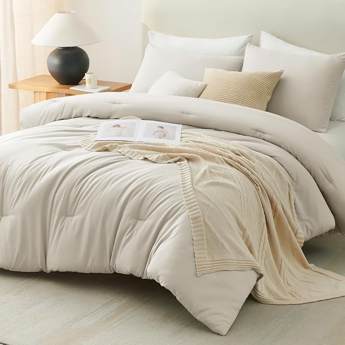 CozyLux Oversized King Comforter Set Beige, 3 Pieces 120x98 Solid Breathable - Image 7
