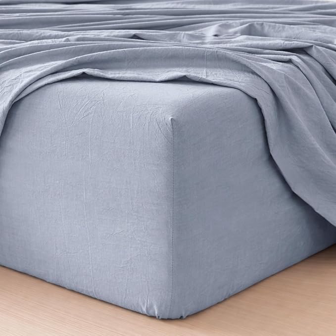 MooMee Fitted Bottom Sheet Only 100% Washed Cotton Linen Like Textured by MOOMEE