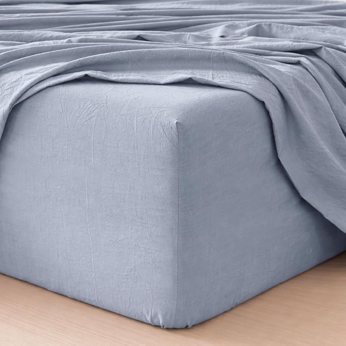 MooMee Fitted Bottom Sheet Only 100% Washed Cotton Linen Like Textured by MOOMEE