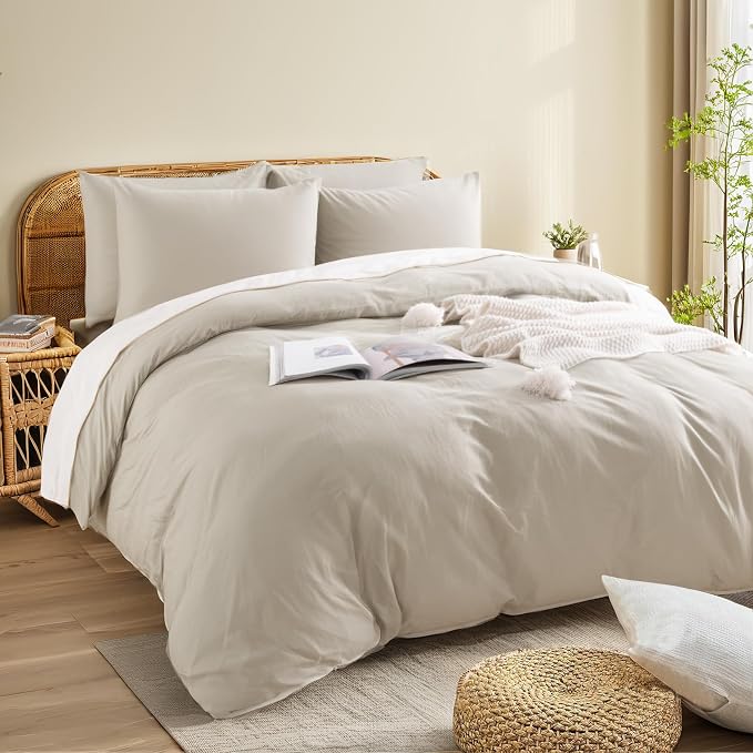 NEXHOME PRO 100% Washed Cotton Duvet Cover Queen Size, Ogranic Natural Linen - Image 4