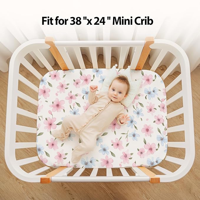 Baby Mini Crib Sheets Girl, Portable 38”x26” Pack and Play Sheets Fitted - Image 4