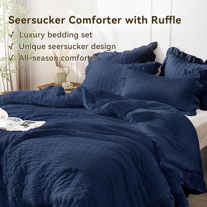 JOLLYVOGUE Navy Blue Twin Size Comforter Set, 2 Pieces Seersucker Lightweight - Image 4