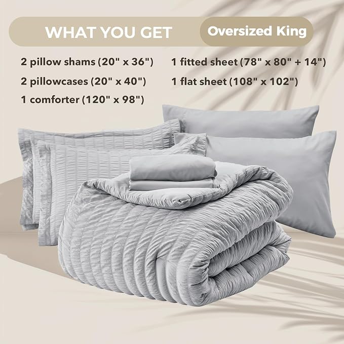 HYMOKEGE Light Grey Oversized King Comforter Set Seersucker 7 Pieces, All - Image 5