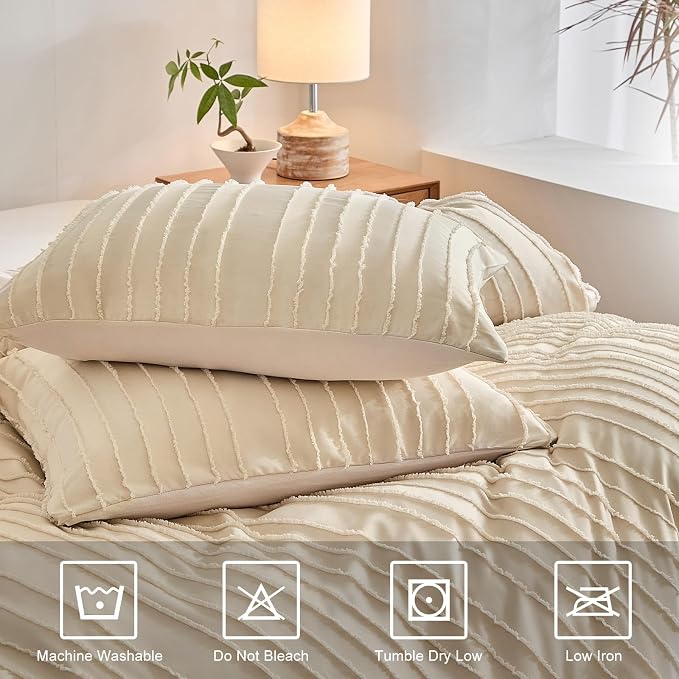 WARMDERN Tufted Duvet Cover Set King Size, Khaki Striped Textured Boho Bedding - Image 4