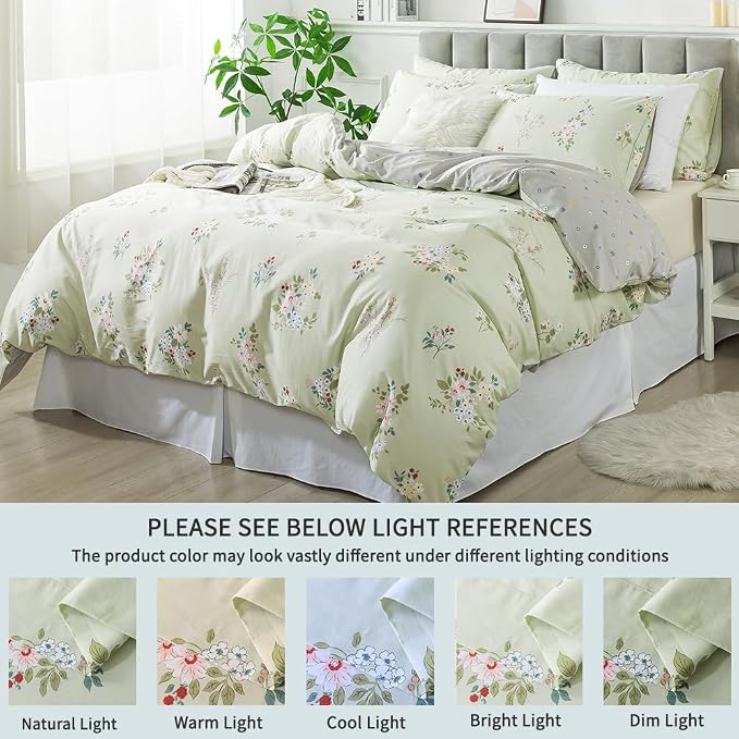 FADFAY Floral Duvet Cover Set Queen 100% Cotton Sage Green Comforter Set - Image 5