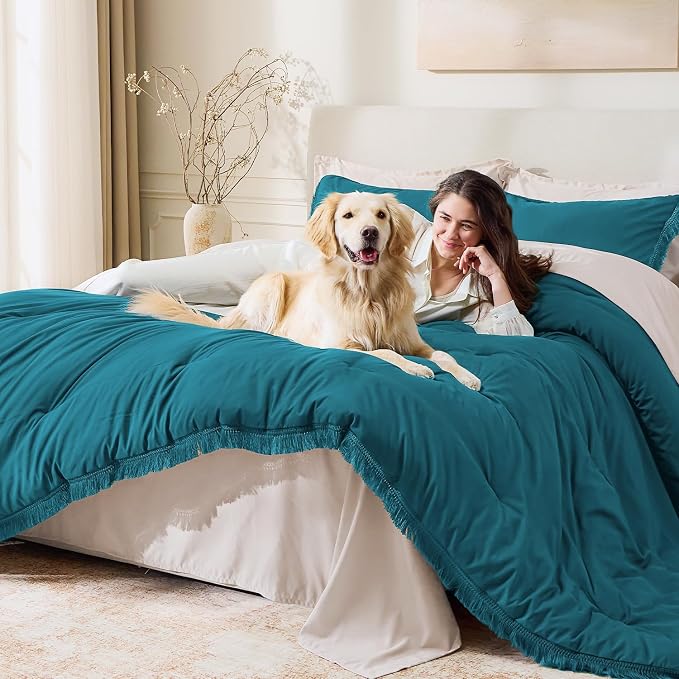 Andency Turquoise Comforter Set Full Size, 3 Pieces Boho Teal Tassel - Image 3