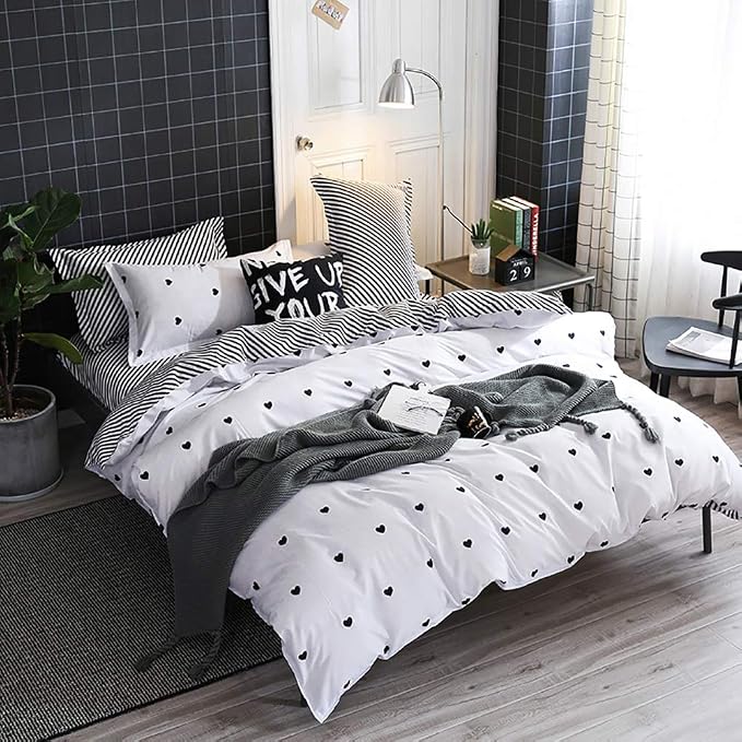 Omelas Kids Heart Love Queen Duvet Cover Set Black and White Teens Girls Lovely by Nayoroom