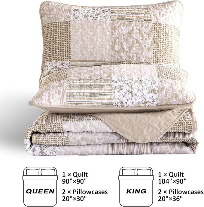 Mybedsoul Beige Boho Quilt Set Queen Size, 3 Pieces Plaid Floral Bedspread Set - Image 5