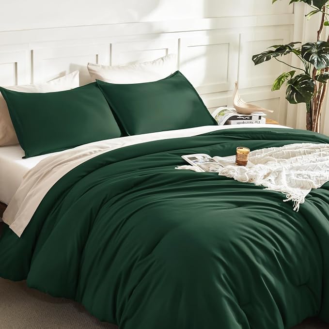 Litanika Dark Emerald Green Queen Comforter Set, 3 Pieces Solid Forest Bedding - Image 5