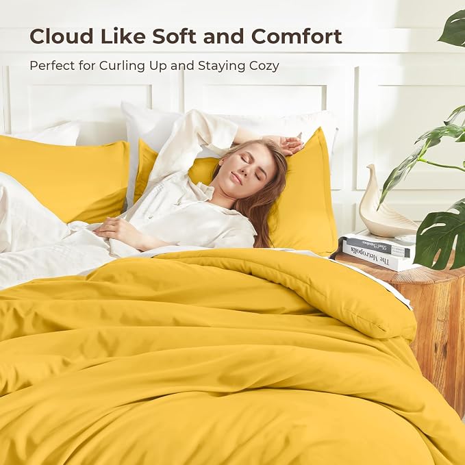 Litanika Mustard Yellow Comforter Set Queen Size, 3 Pieces Lightweight Solid - Image 2