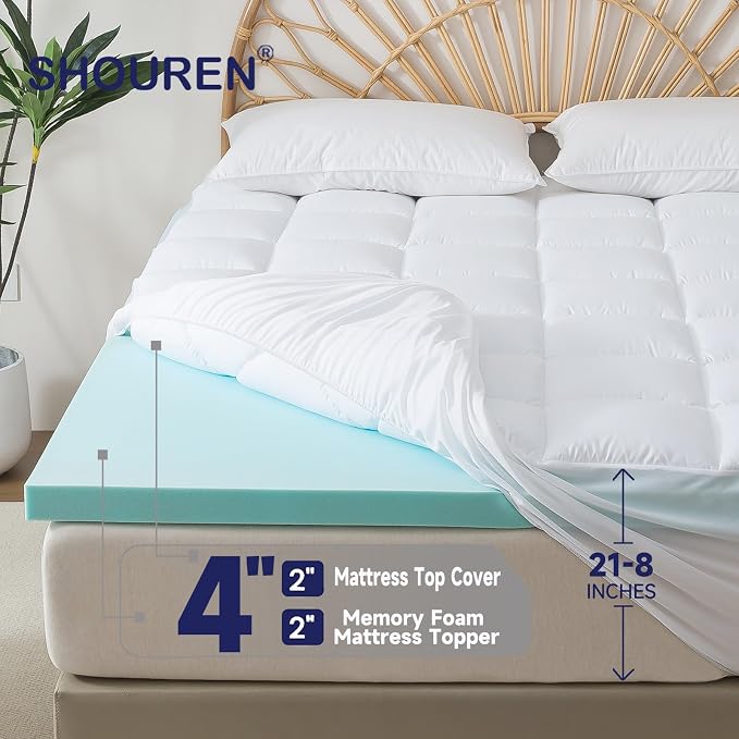 Memory Foam Mattress Topper 2inch+2inch Queen Size, Pressure-Relieving Bed - Image 3