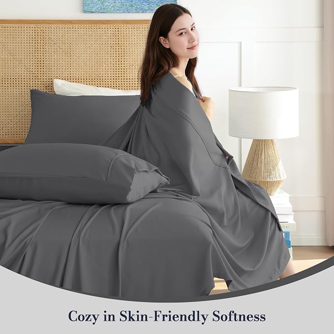 Queen Sheet Set 4 Pieces, Wrinkle Free, Oeko-Tex Certified Bedsheets，Dark Grey - Image 2