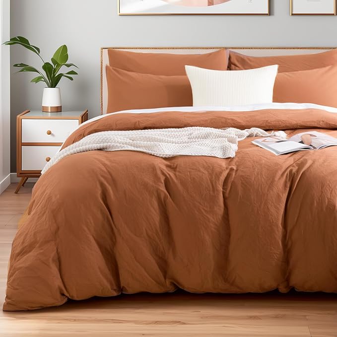 NEXHOME PRO Terracotta Burnt Orange Duvet Cover Set Kids Twin Size Linen Look by NEXHOMEPRO