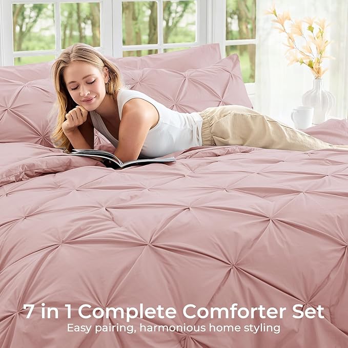 Sasttie Queen Comforter Set, 7-Piece Bed in a Bag, Pintuck Bedding Sets - Image 6
