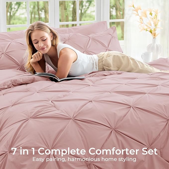 Sasttie Full Size Comforter Set, 7-Piece Bed in a Bag, Pintuck Bedding Set - Image 6