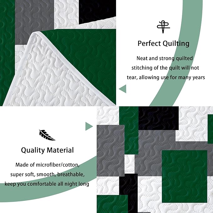 Tyrot 3 Piece Green Quilt Set Full/Queen Size Green Black White Geometric - Image 4