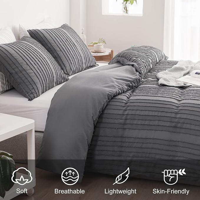 WARMDERN Gray Boho Duvet Cover Set King Size, Striped Textured Duvet Cover - Image 3