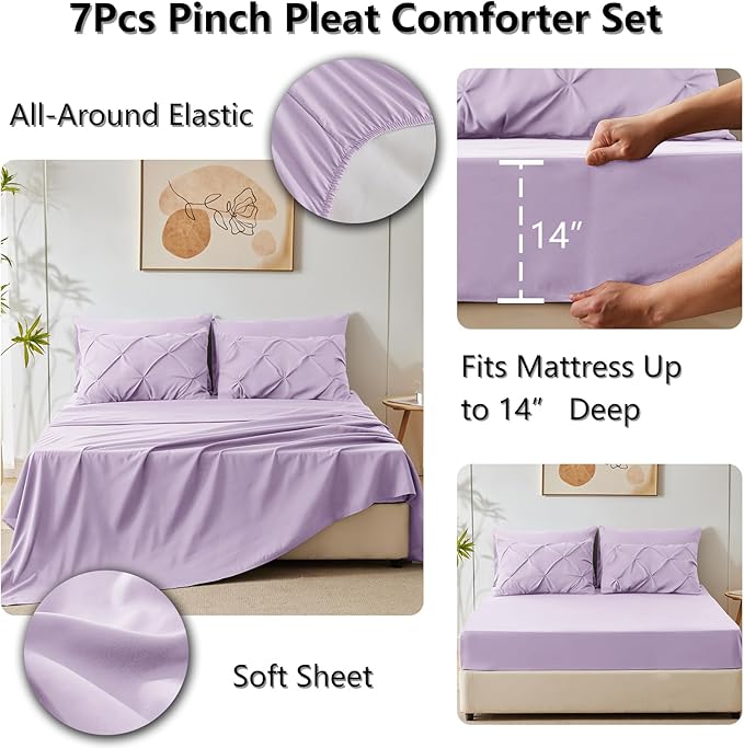 HIMEET Pintuck Bed in a Bag, 7 Pieces King Size Comforter Set Lavender - Image 5
