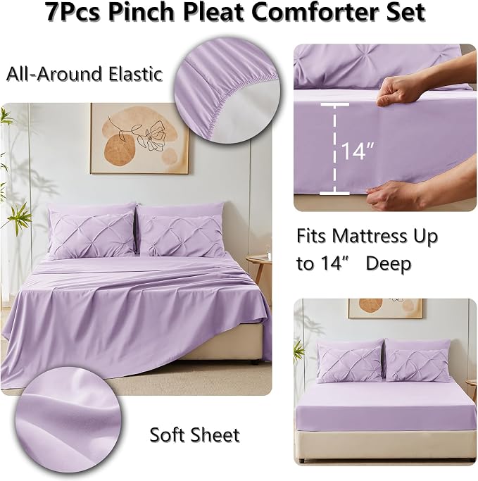 CozyLux Queen Comforter Set Lavender, 7 Pieces Pintuck Bed in A Bag, Premium - Image 5