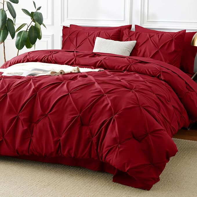 CozyLux Full Size Comforter Sets Dark Red, 7 Pieces Pintuck Bed in A Bag Red by CozyLux