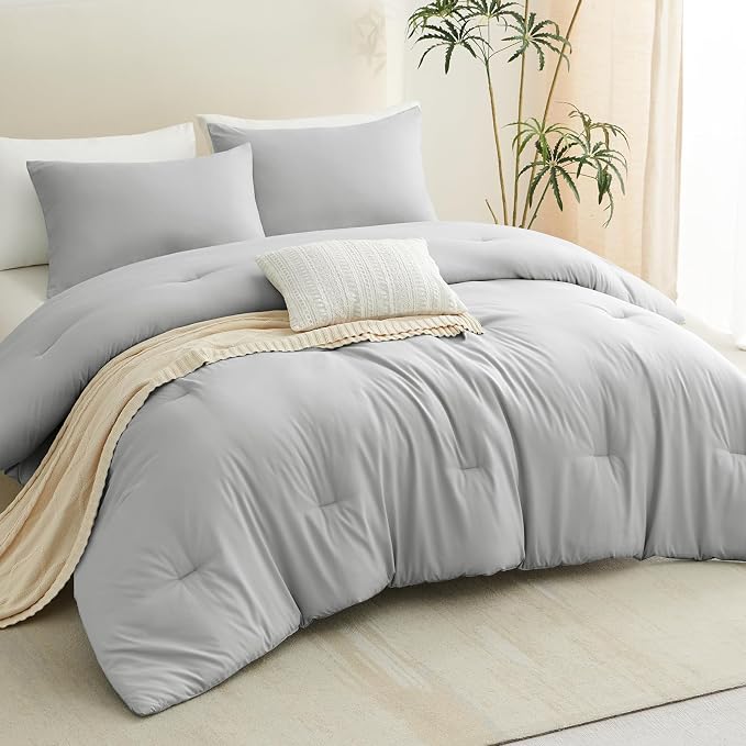 CozyLux Full Size Comforter Set Light Grey, 3 Pieces Solid Breathable Quilted - Image 9
