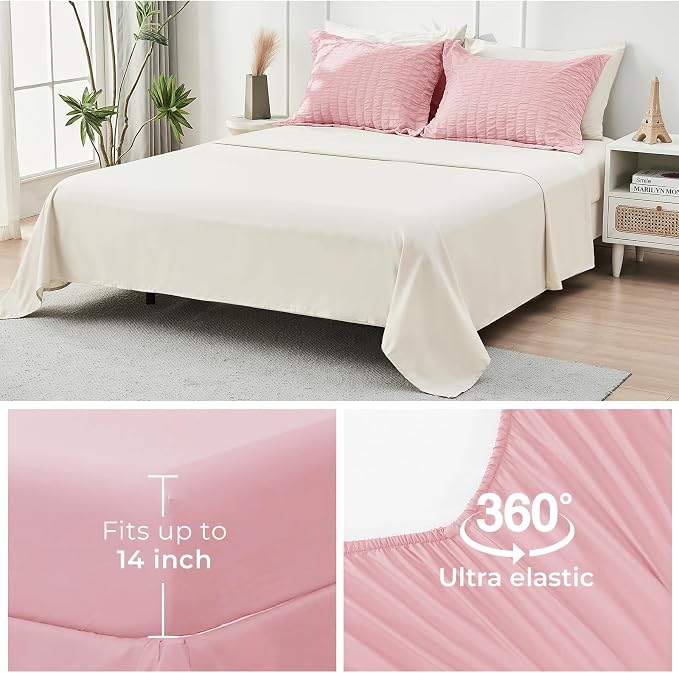HYMOKEGE Pink/Ivory King Size Comforter Set Seersucker 7 Pieces, All Season - Image 7