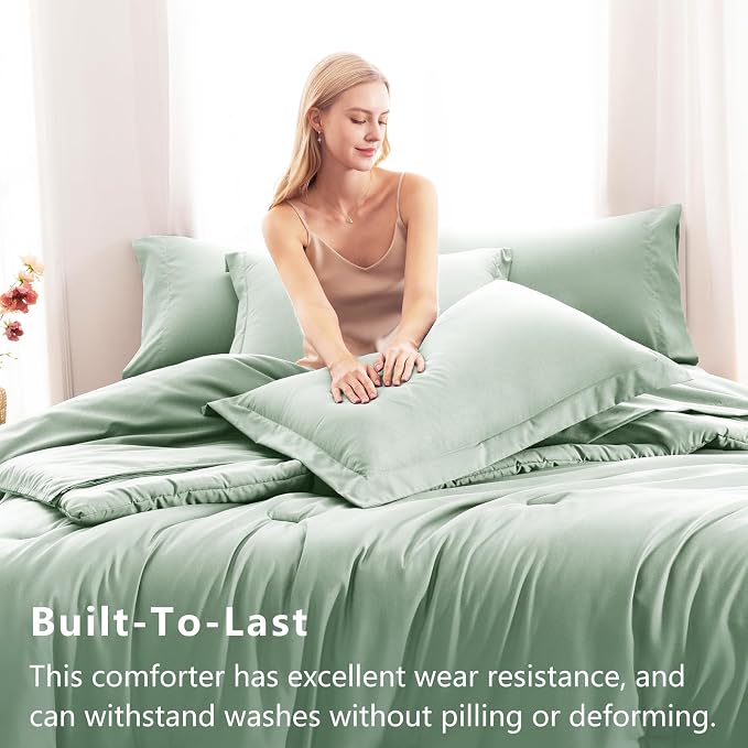 CozyLux Full Comforter Set Sage Green, 7 Pieces Bed in a Bag, Bedding Comforter - Image 3