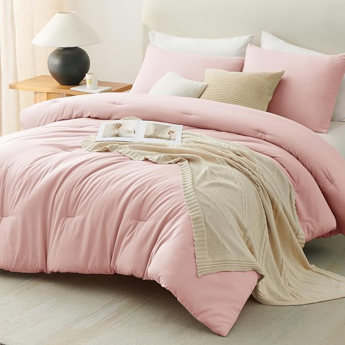 CozyLux California King Comforter Set Blush Pink, 3 Pieces Cal King Solid - Image 9