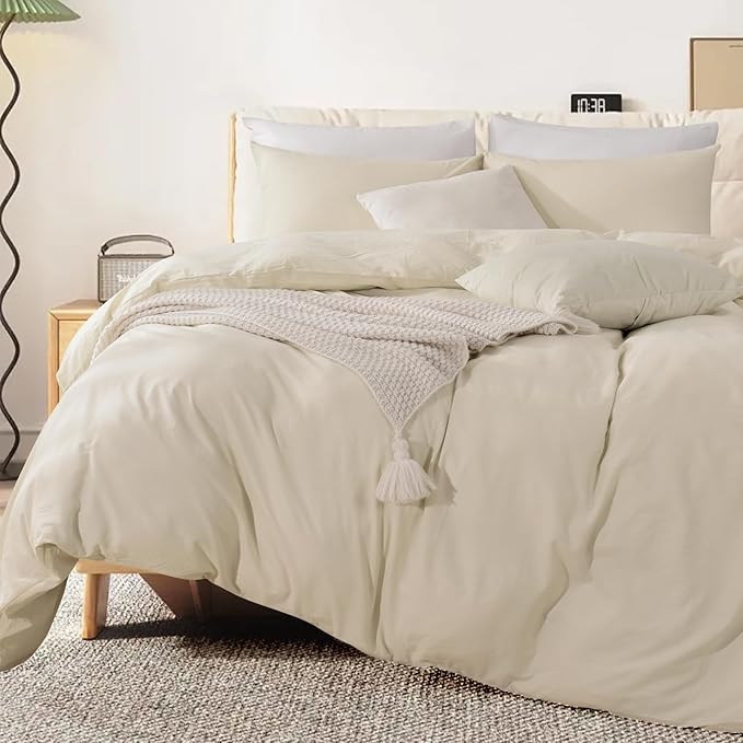 NEXHOME PRO Duvet Cover Set Oversized Queen 98"x98" Linen Feel Textured Cream - Image 3