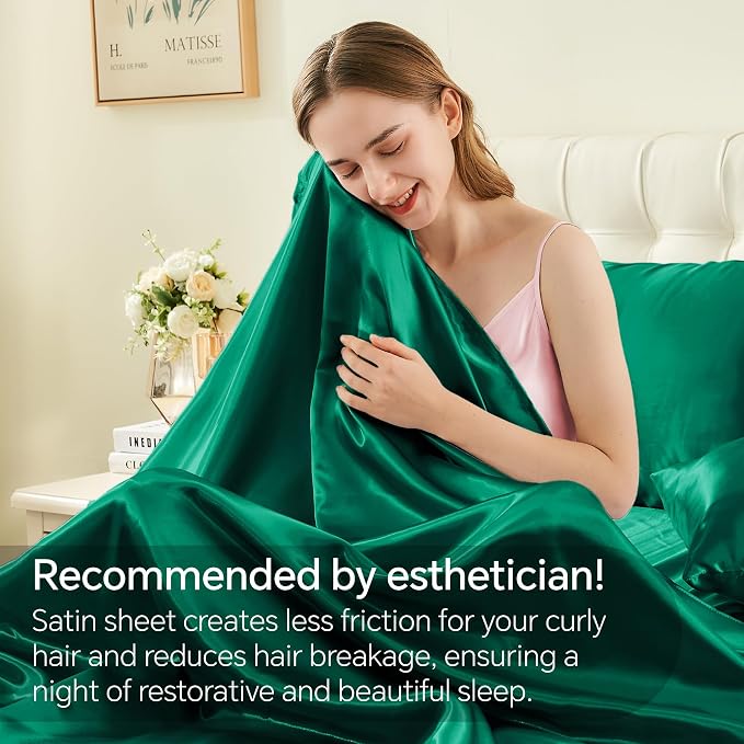 BEDELITE Satin Sheets Twin Size Bed Set, Luxury Soft Dark Green Silky Sheets - Image 3