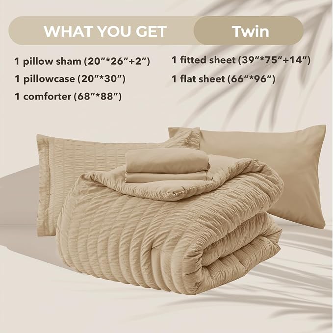 HYMOKEGE Khaki Twin Comforter Set Seersucker 5 Pieces, All Season Luxury Bed in - Image 5